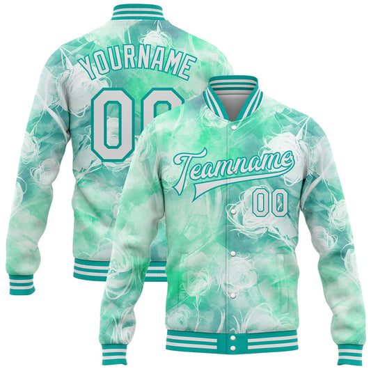 Custom Aqua White Halo Dying Rose 3D Pattern Design Bomber Full-Snap Varsity Letterman Jacket - Main View