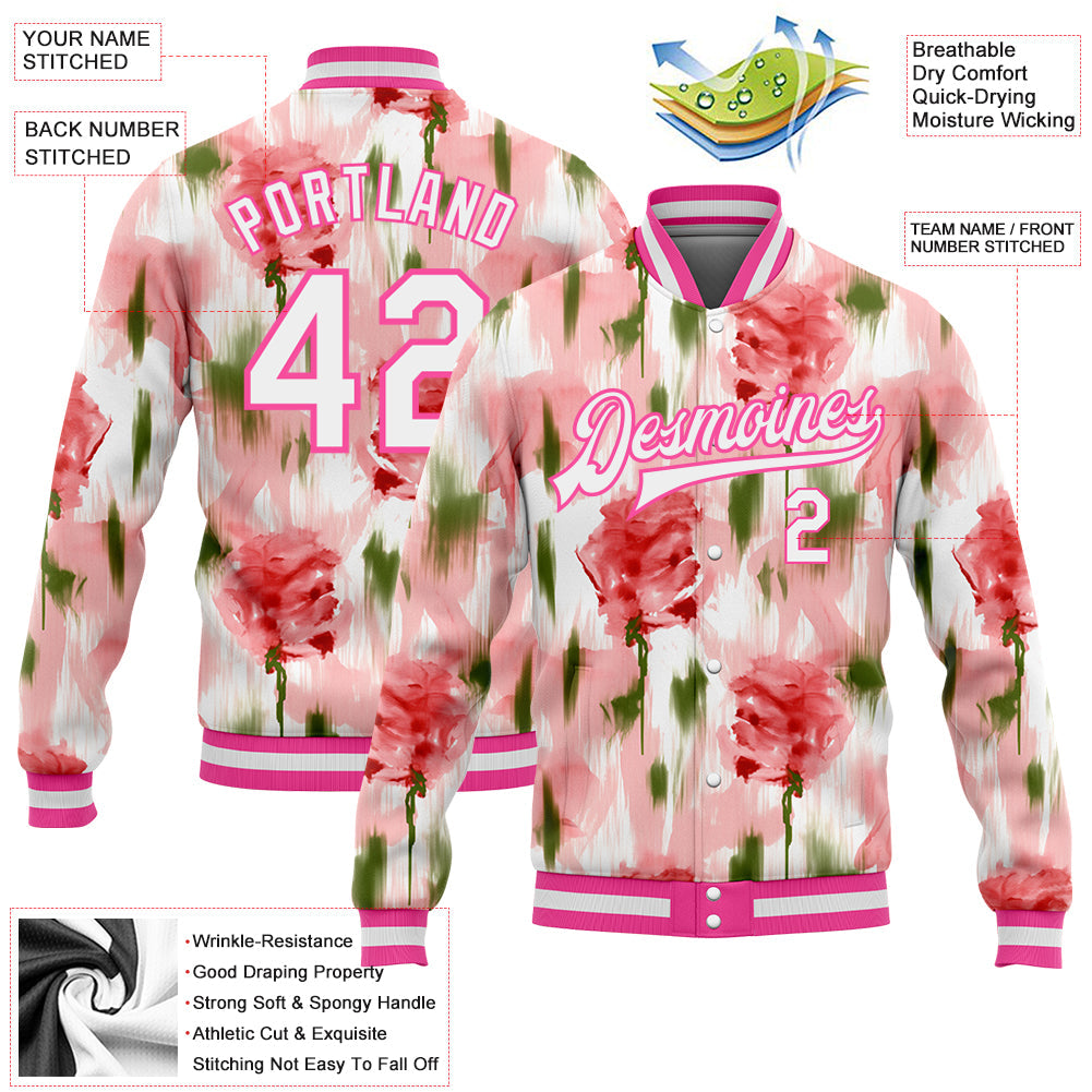 Custom Pink White Fuzzy Rose Art 3D Pattern Design Bomber Full-Snap Varsity Letterman Jacket view 5