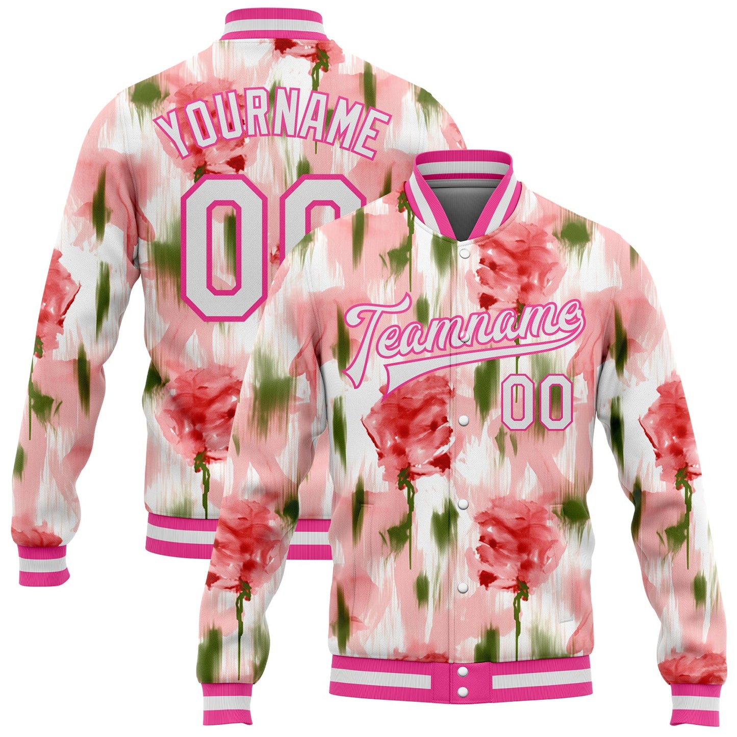 Custom Pink White Fuzzy Rose Art 3D Pattern Design Bomber Full-Snap Varsity Letterman Jacket - Main View