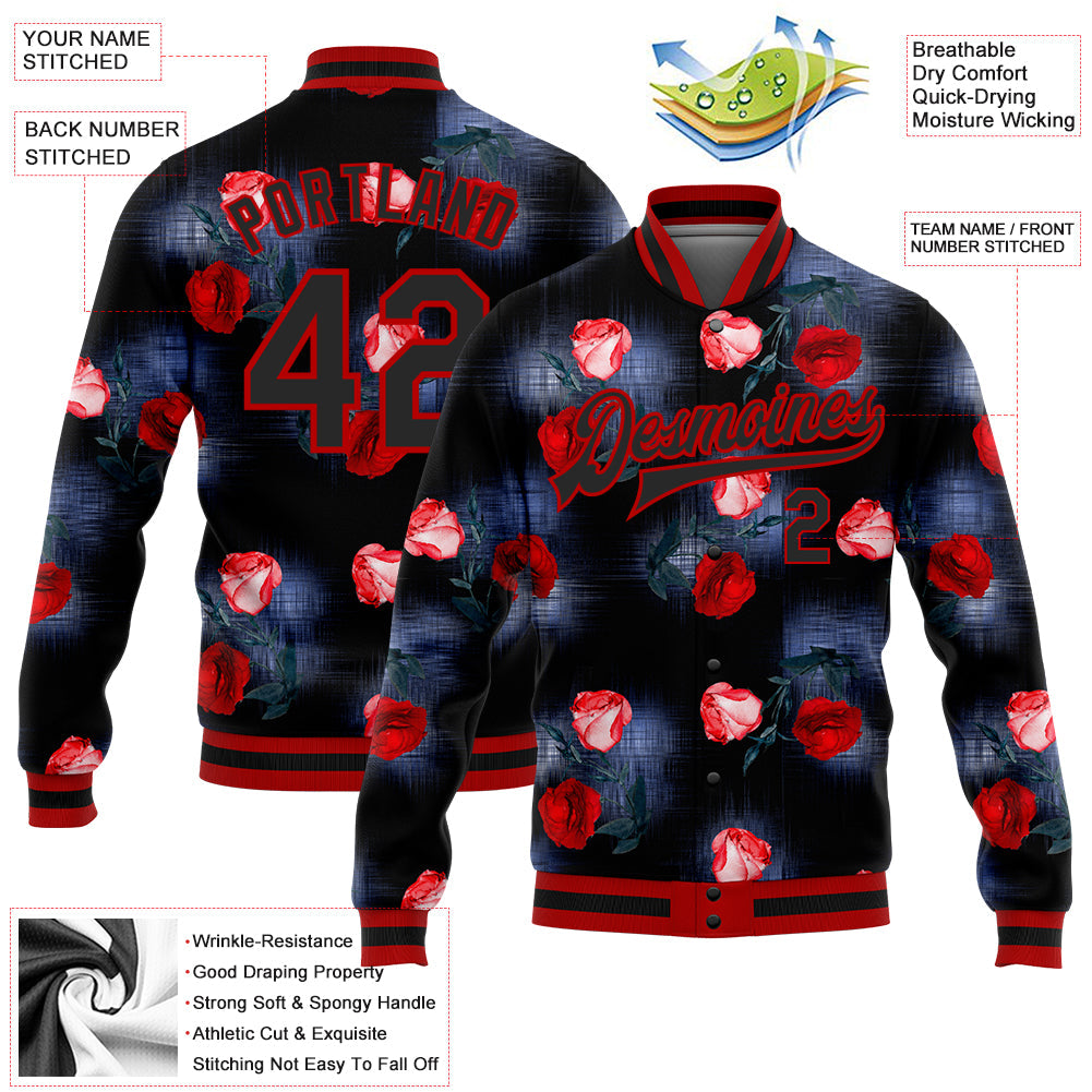 Custom Black Red Rose 3D Pattern Design Bomber Full-Snap Varsity Letterman Jacket view 5