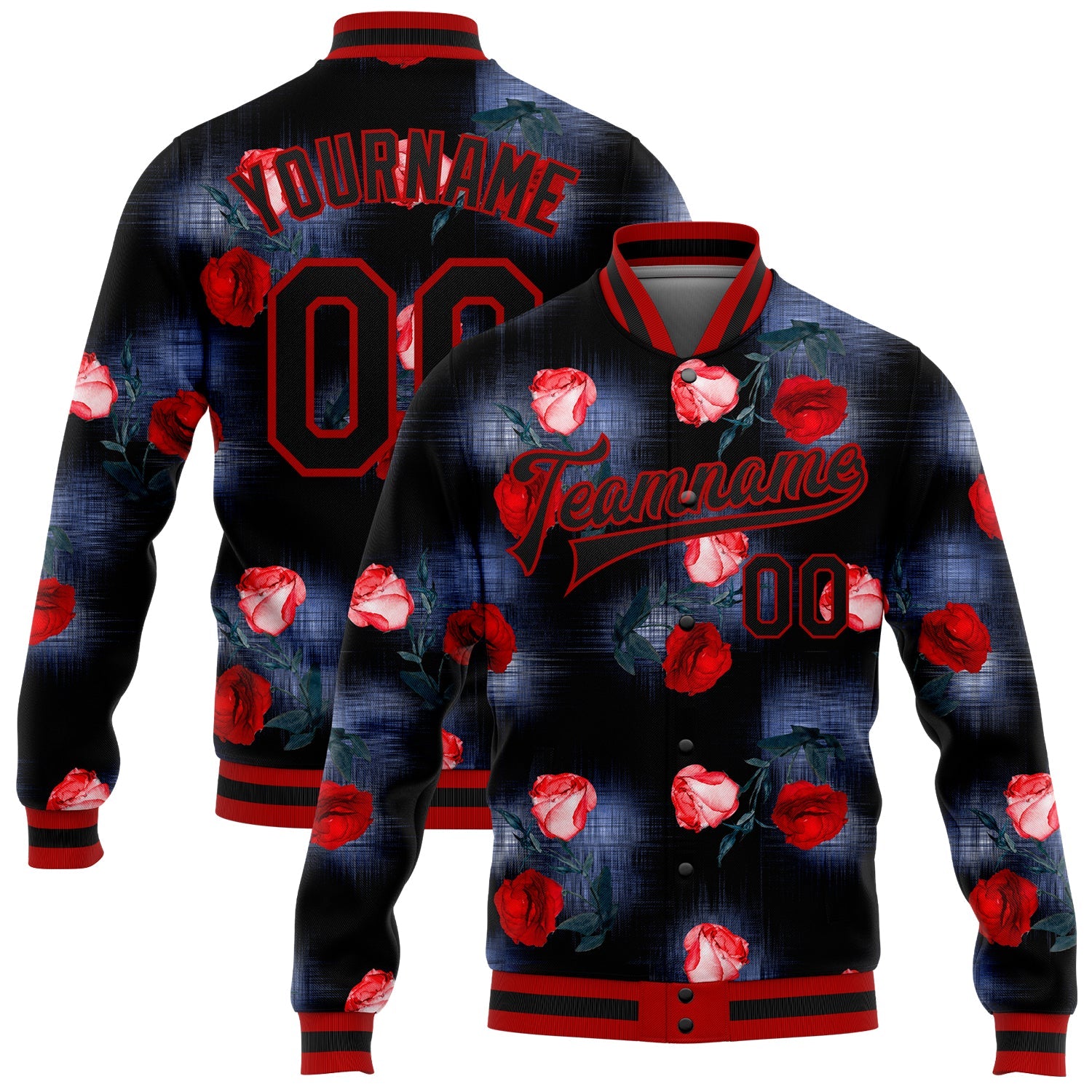 Custom Black Red Rose 3D Pattern Design Bomber Full-Snap Varsity Letterman Jacket - Main View