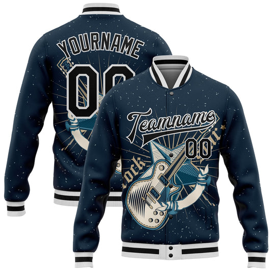 Custom Navy Black-White Guitar Rock Star Music Festival 3D Pattern Design Bomber Full-Snap Varsity Letterman Jacket - Main View