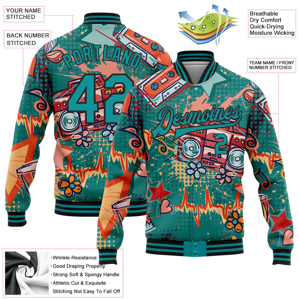 Custom Teal Black Music Festival 3D Pattern Design Bomber Full-Snap Varsity Letterman Jacket view 5