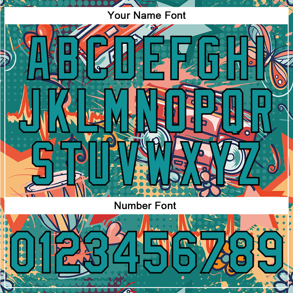 Custom Teal Black Music Festival 3D Pattern Design Bomber Full-Snap Varsity Letterman Jacket view 7