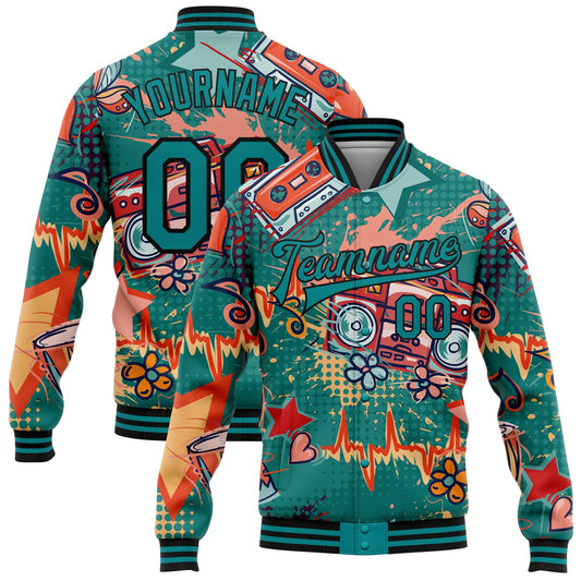Custom Teal Black Music Festival 3D Pattern Design Bomber Full-Snap Varsity Letterman Jacket - Main View