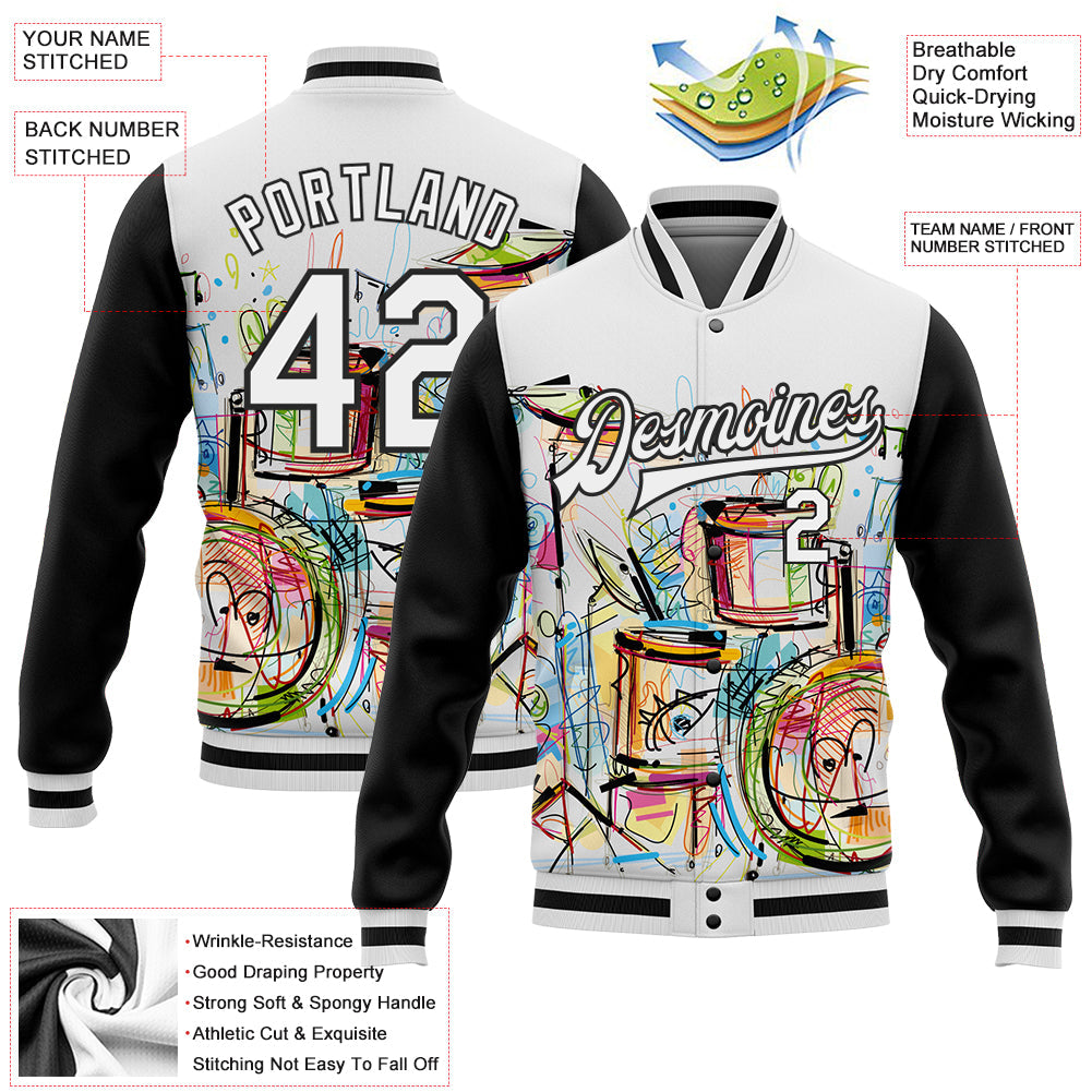 Custom White Black Graffiti Musical Instruments Music Festival 3D Pattern Design Bomber Full-Snap Varsity Letterman Jacket view 5