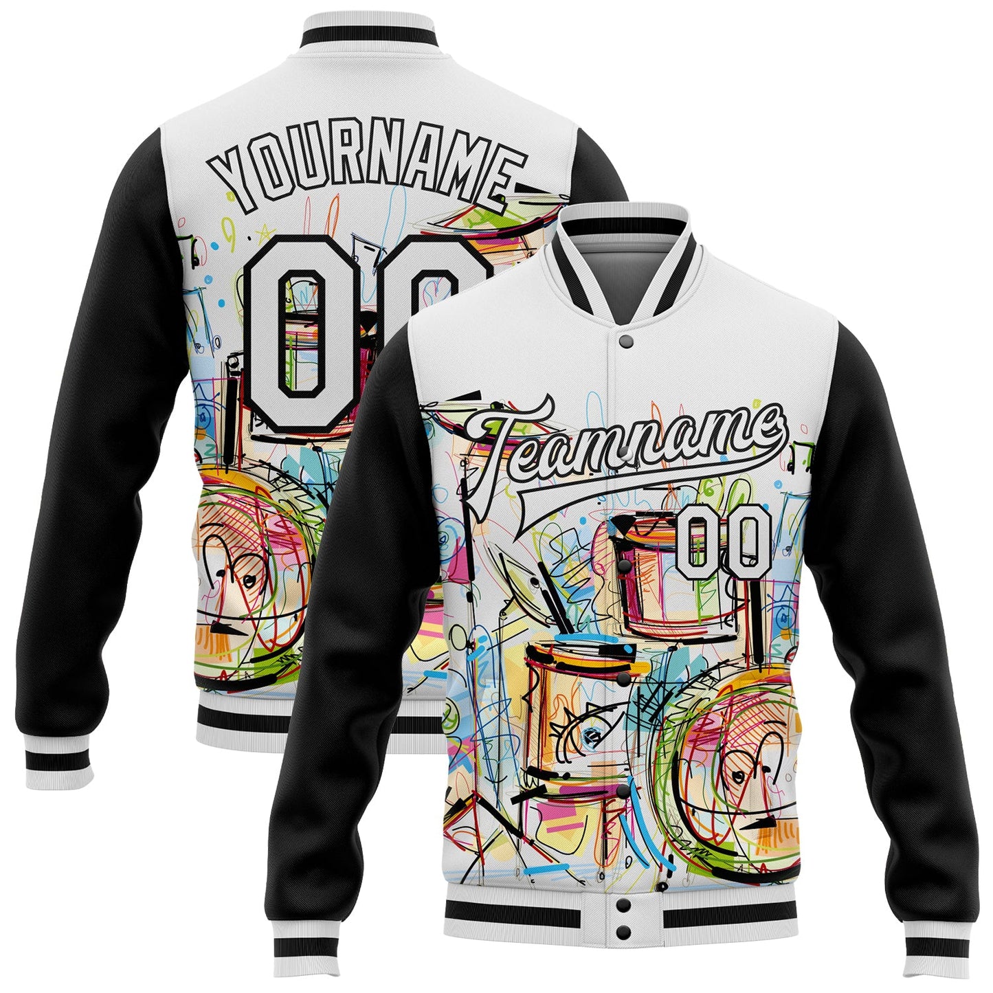 Custom White Black Graffiti Musical Instruments Music Festival 3D Pattern Design Bomber Full-Snap Varsity Letterman Jacket - Main View