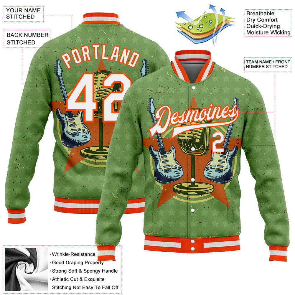 Custom Green White-Orange Guitar Music Festival 3D Pattern Design Bomber Full-Snap Varsity Letterman Jacket view 5