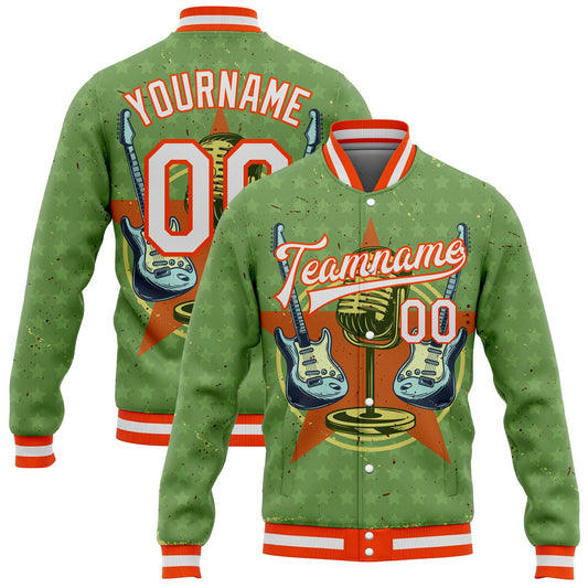 Custom Green White-Orange Guitar Music Festival 3D Pattern Design Bomber Full-Snap Varsity Letterman Jacket - Main View