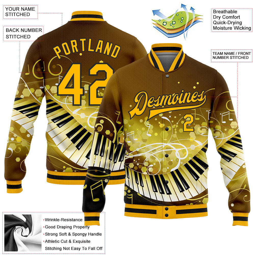 Custom Brown Gold-Black Piano Music Festival 3D Pattern Design Bomber Full-Snap Varsity Letterman Jacket view 5