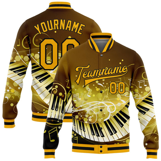 Custom Brown Gold-Black Piano Music Festival 3D Pattern Design Bomber Full-Snap Varsity Letterman Jacket - Main View