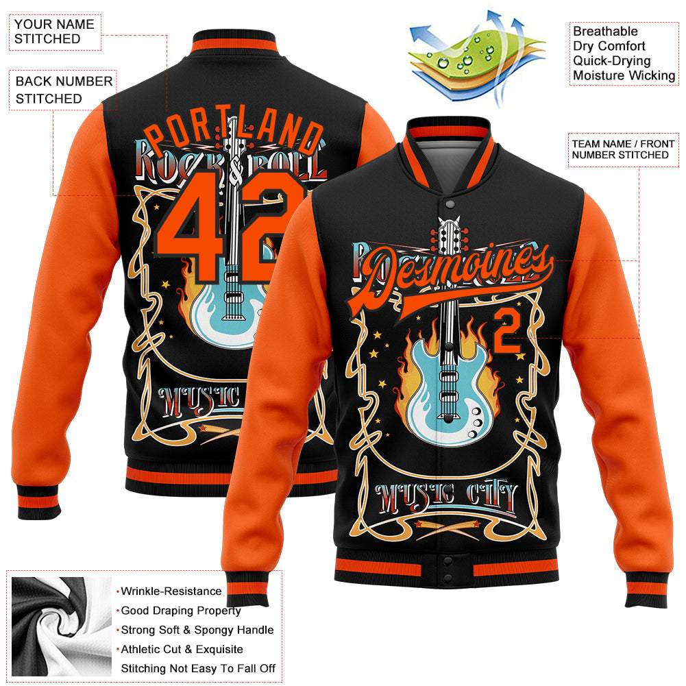 Custom Black Orange Vintage Rock Roll Music Festival 3D Pattern Design Bomber Full-Snap Varsity Letterman Jacket view 5