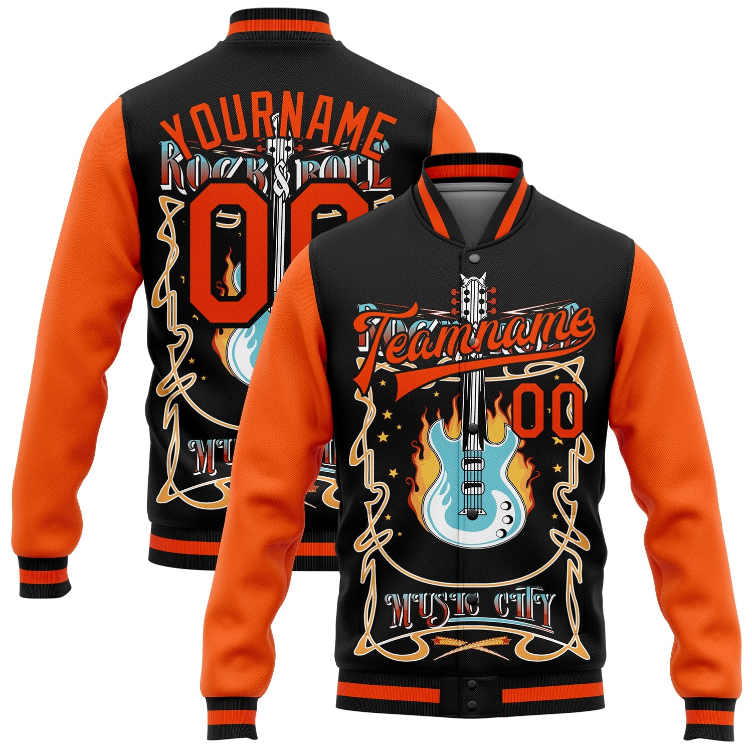 Custom Black Orange Vintage Rock Roll Music Festival 3D Pattern Design Bomber Full-Snap Varsity Letterman Jacket - Main View