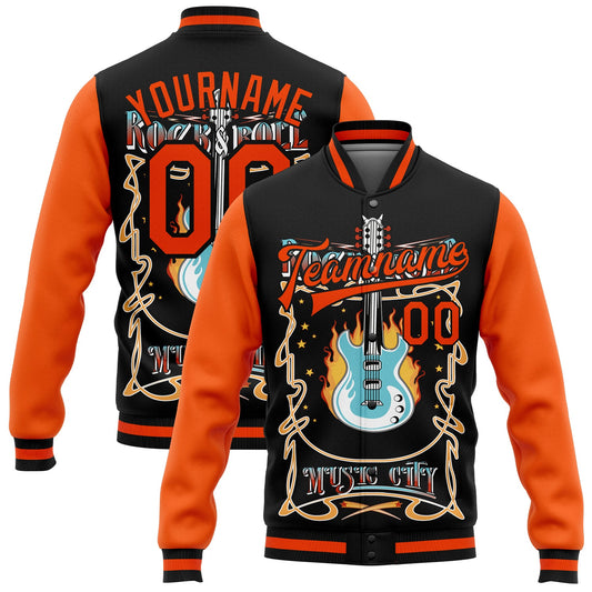 Custom Black Orange Vintage Rock Roll Music Festival 3D Pattern Design Bomber Full-Snap Varsity Letterman Jacket - Main View