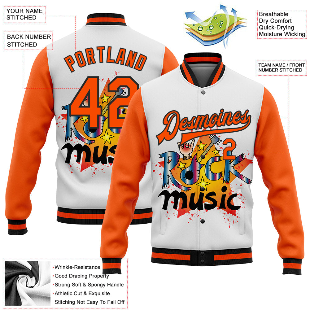 Custom White Orange-Black Rock Music Festival 3D Pattern Design Bomber Full-Snap Varsity Letterman Jacket view 5