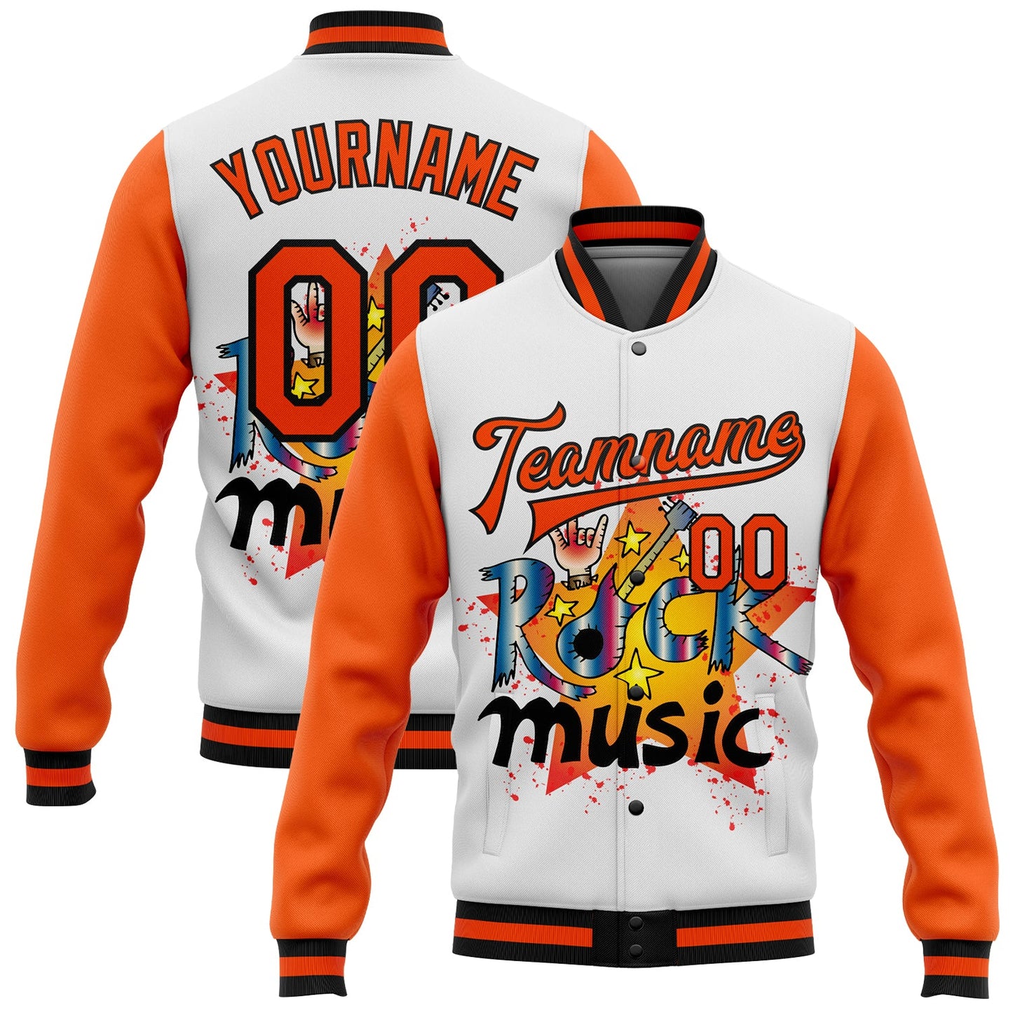 Custom White Orange-Black Rock Music Festival 3D Pattern Design Bomber Full-Snap Varsity Letterman Jacket - Main View