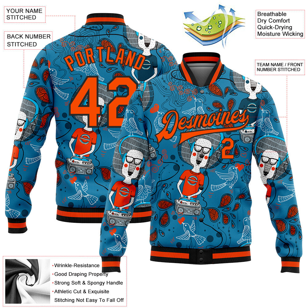 Custom Powder Blue Orange-Black Casual Music Festival 3D Pattern Design Bomber Full-Snap Varsity Letterman Jacket view 5