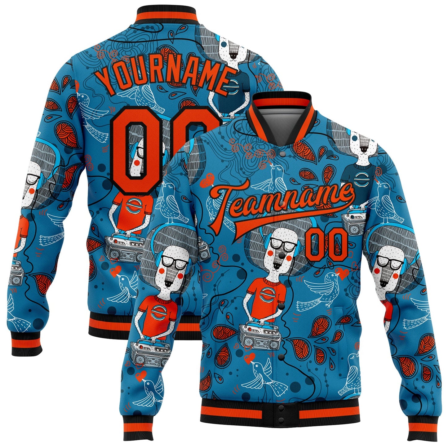 Custom Powder Blue Orange-Black Casual Music Festival 3D Pattern Design Bomber Full-Snap Varsity Letterman Jacket - Main View