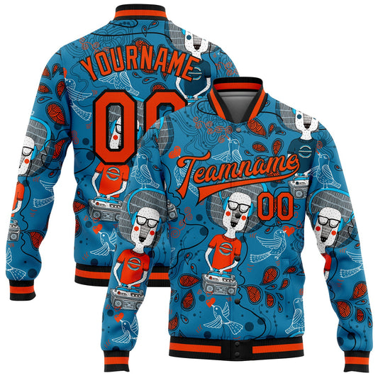 Custom Powder Blue Orange-Black Casual Music Festival 3D Pattern Design Bomber Full-Snap Varsity Letterman Jacket - Main View