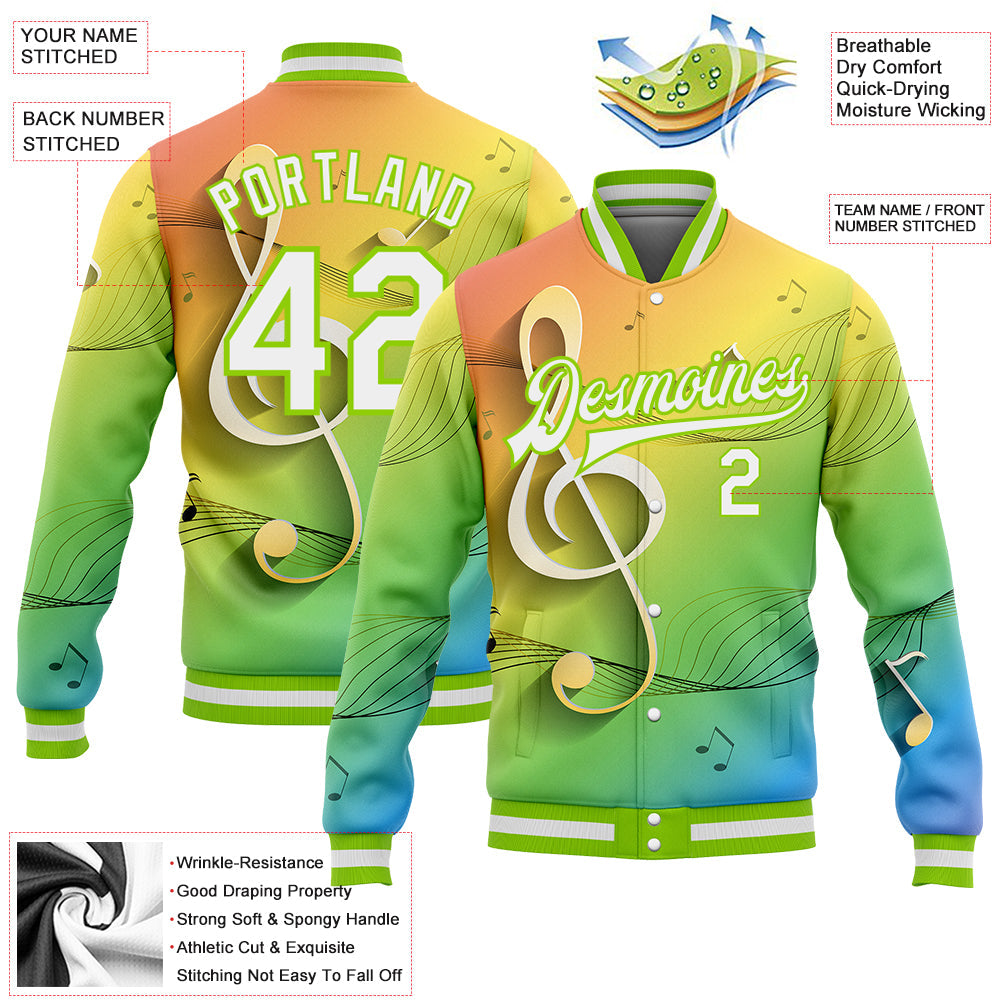 Custom Neon Green White Music Festival 3D Pattern Design Bomber Full-Snap Varsity Letterman Jacket view 5