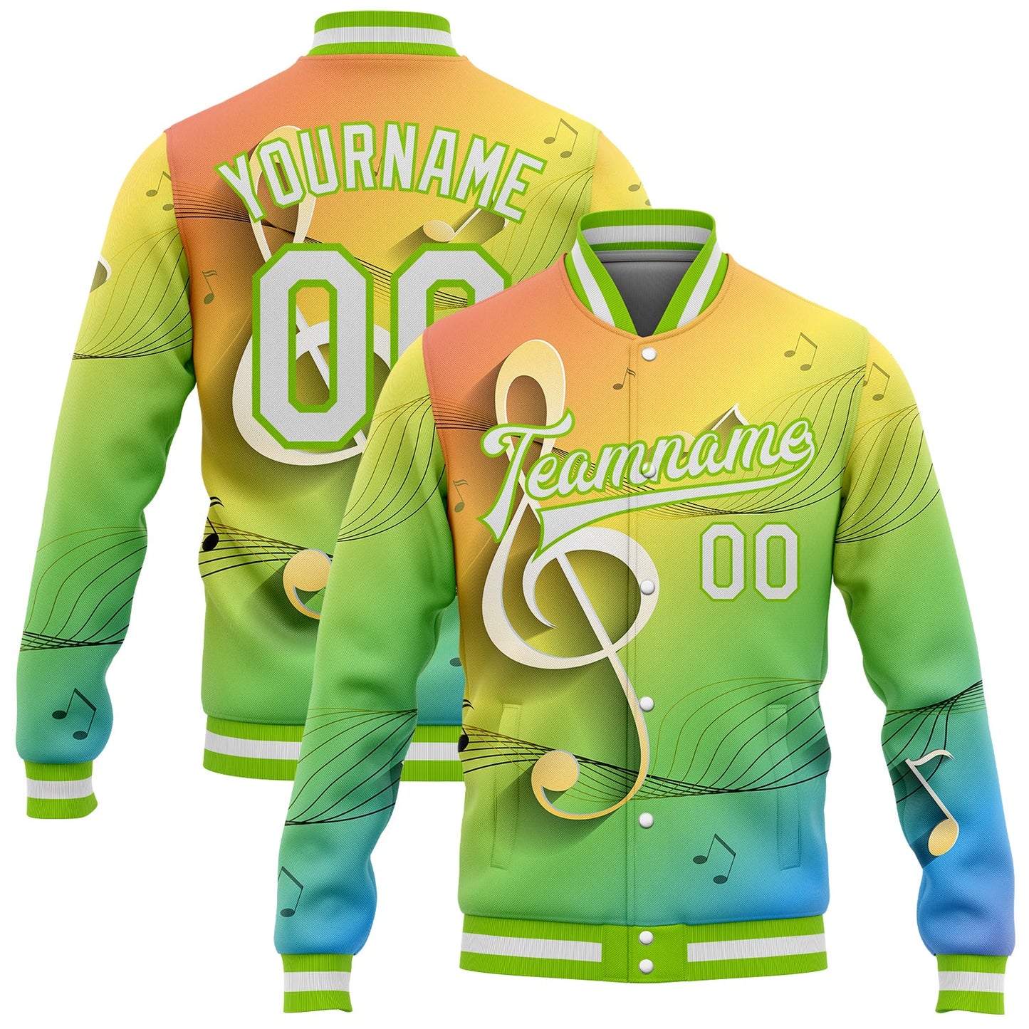 Custom Neon Green White Music Festival 3D Pattern Design Bomber Full-Snap Varsity Letterman Jacket - Main View