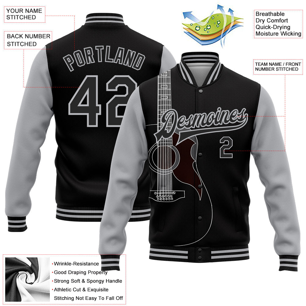 Custom Black Gray Guitar Music Festival 3D Pattern Design Bomber Full-Snap Varsity Letterman Jacket view 5
