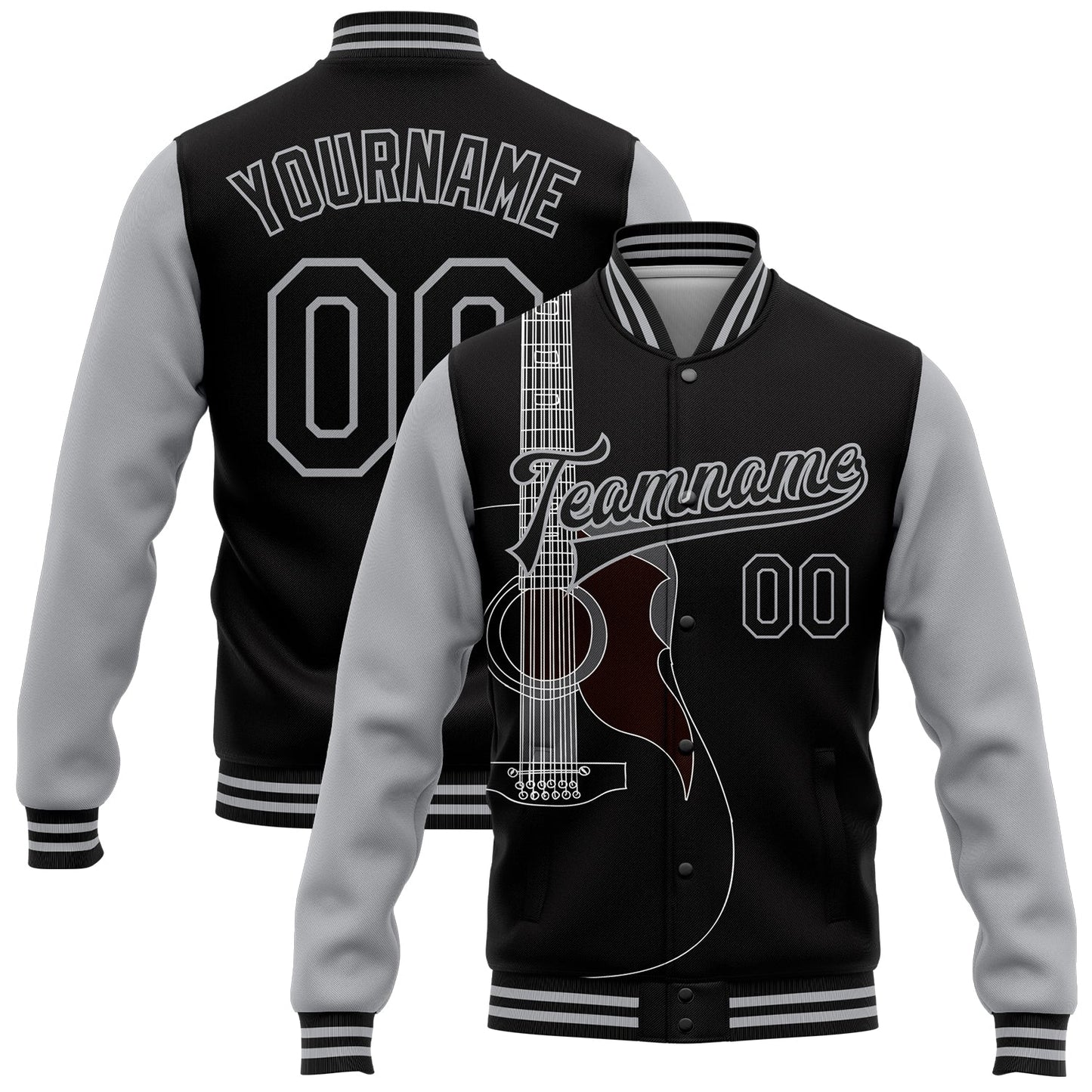 Custom Black Gray Guitar Music Festival 3D Pattern Design Bomber Full-Snap Varsity Letterman Jacket - Main View