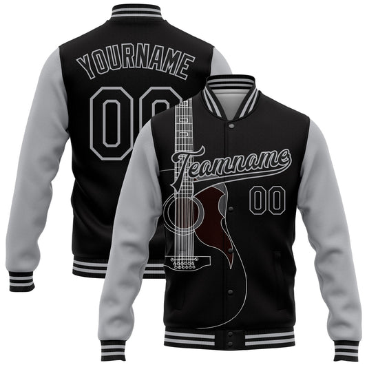 Custom Black Gray Guitar Music Festival 3D Pattern Design Bomber Full-Snap Varsity Letterman Jacket - Main View