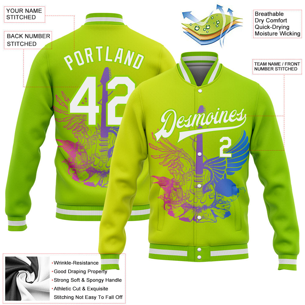 Custom Neon Green White-Neon Yellow Guitar Rock Roll Music Festival 3D Pattern Design Bomber Full-Snap Varsity Letterman Gradient Fashion Jacket view 5