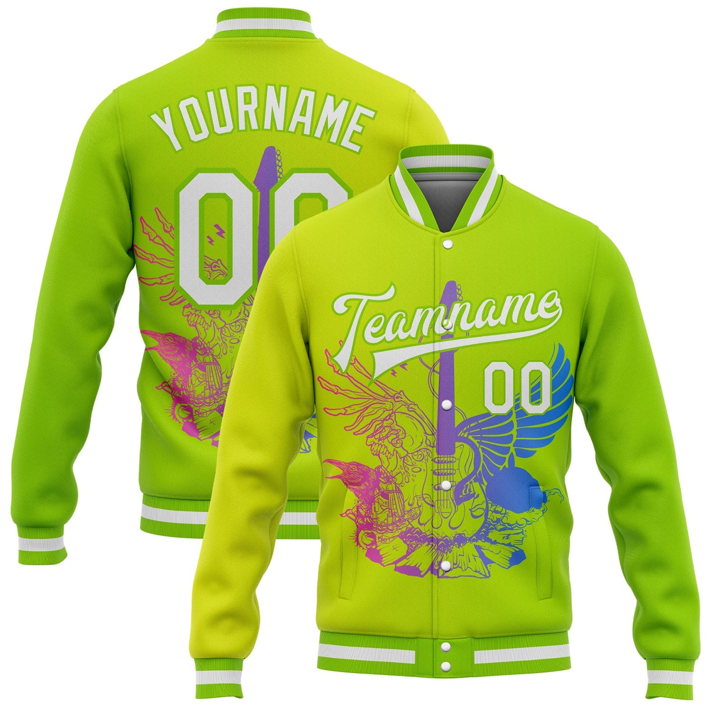 Custom Neon Green White-Neon Yellow Guitar Rock Roll Music Festival 3D Pattern Design Bomber Full-Snap Varsity Letterman Gradient Fashion Jacket - Main View