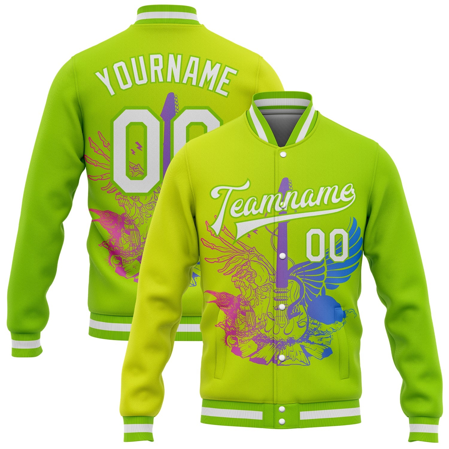 Custom Neon Green White-Neon Yellow Guitar Rock Roll Music Festival 3D Pattern Design Bomber Full-Snap Varsity Letterman Gradient Fashion Jacket - Main View