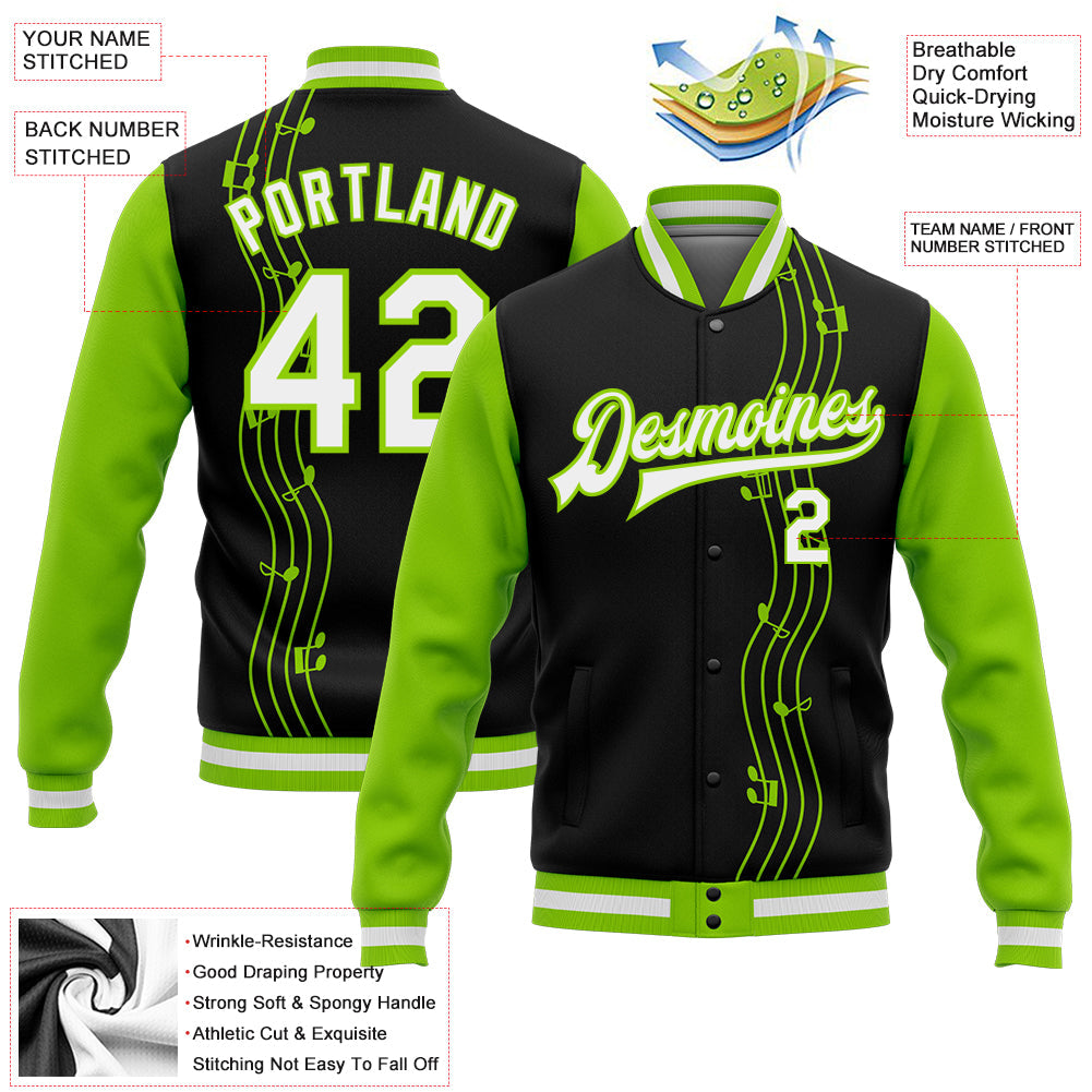 Custom Black White-Neon Green Music Festival 3D Pattern Design Bomber Full-Snap Varsity Letterman Jacket view 5