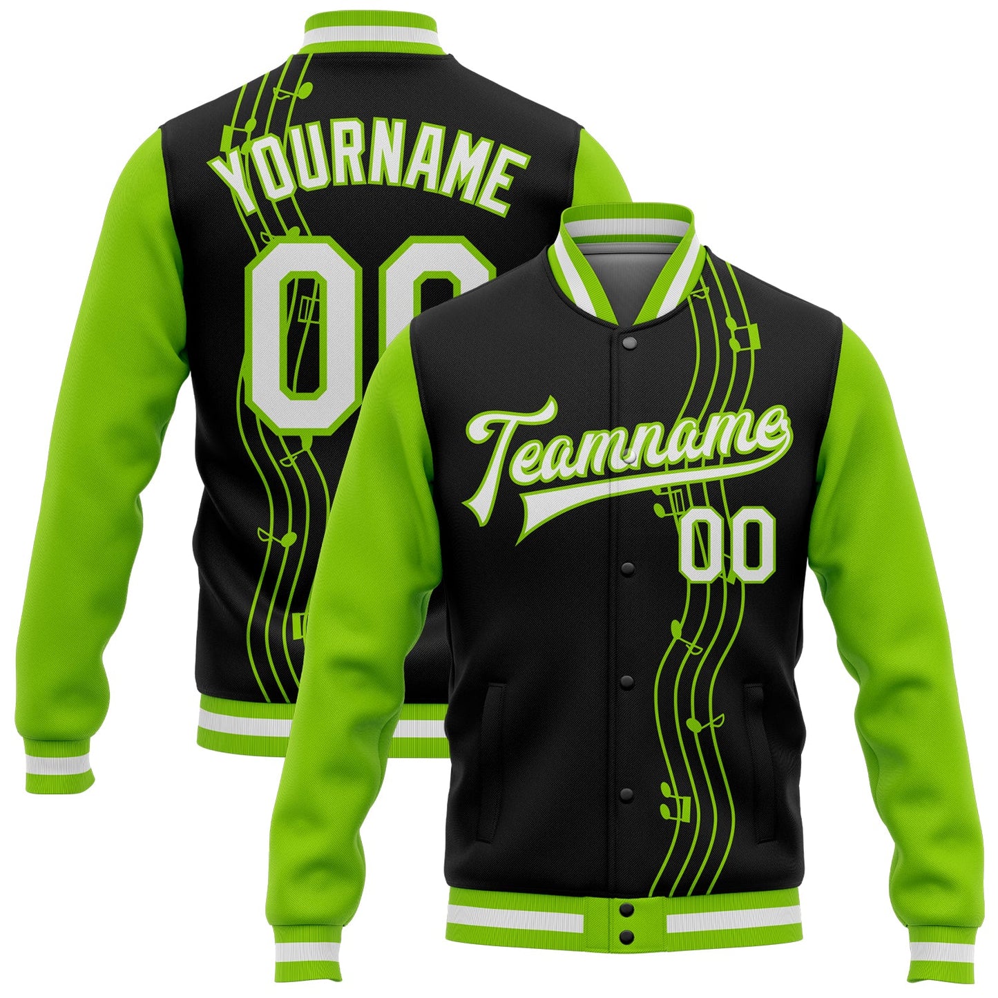 Custom Black White-Neon Green Music Festival 3D Pattern Design Bomber Full-Snap Varsity Letterman Jacket - Main View