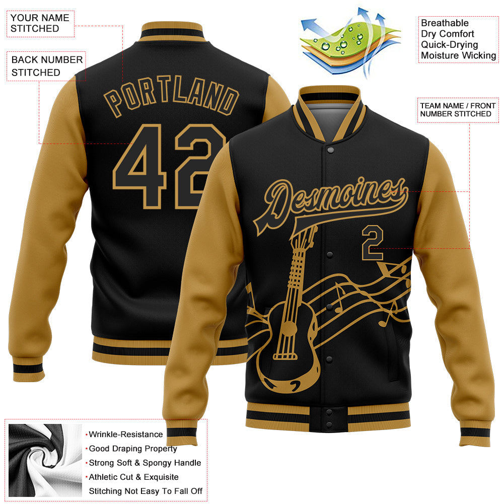 Custom Black Old Gold Guitar Music Festival 3D Pattern Design Bomber Full-Snap Varsity Letterman Jacket view 5