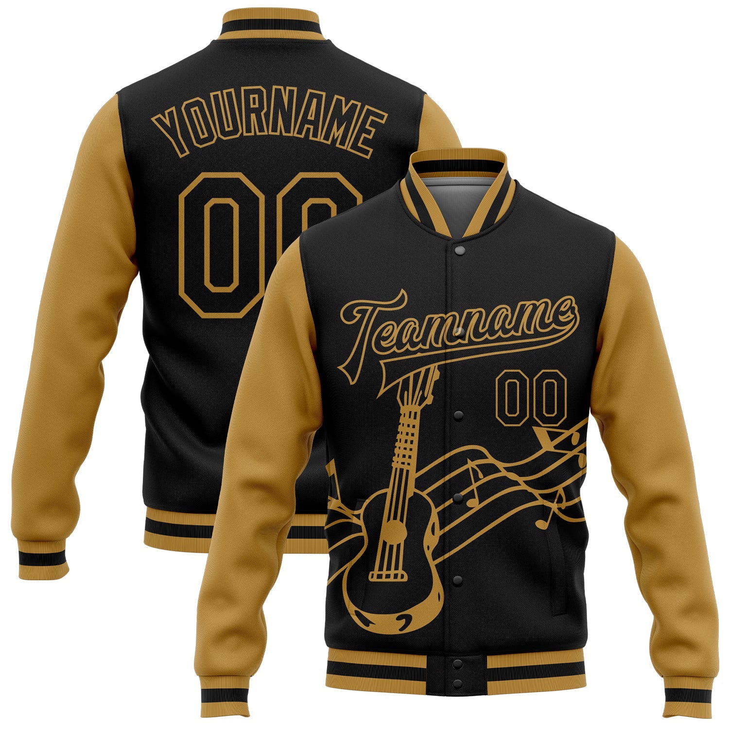 Custom Black Old Gold Guitar Music Festival 3D Pattern Design Bomber Full-Snap Varsity Letterman Jacket - Main View