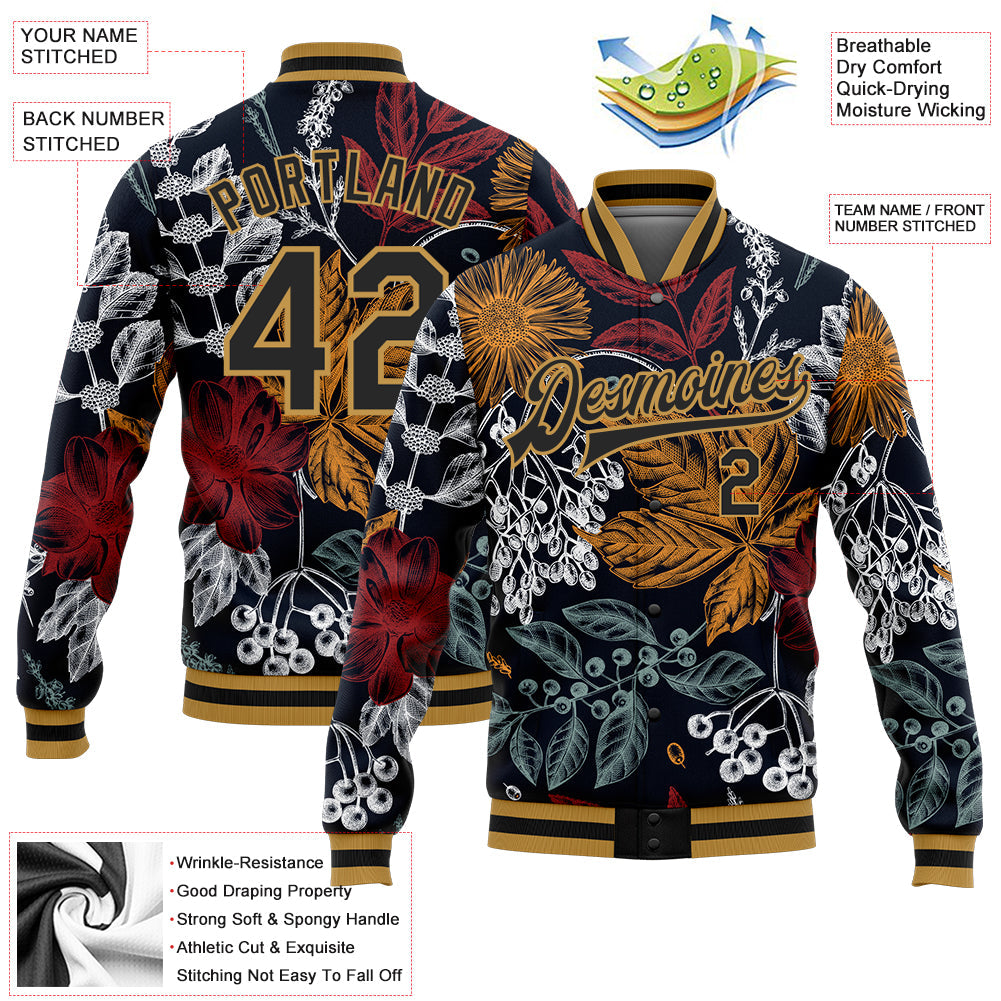 Custom Black Old Gold Flowers And Branches 3D Pattern Design Bomber Full-Snap Varsity Letterman Jacket view 5