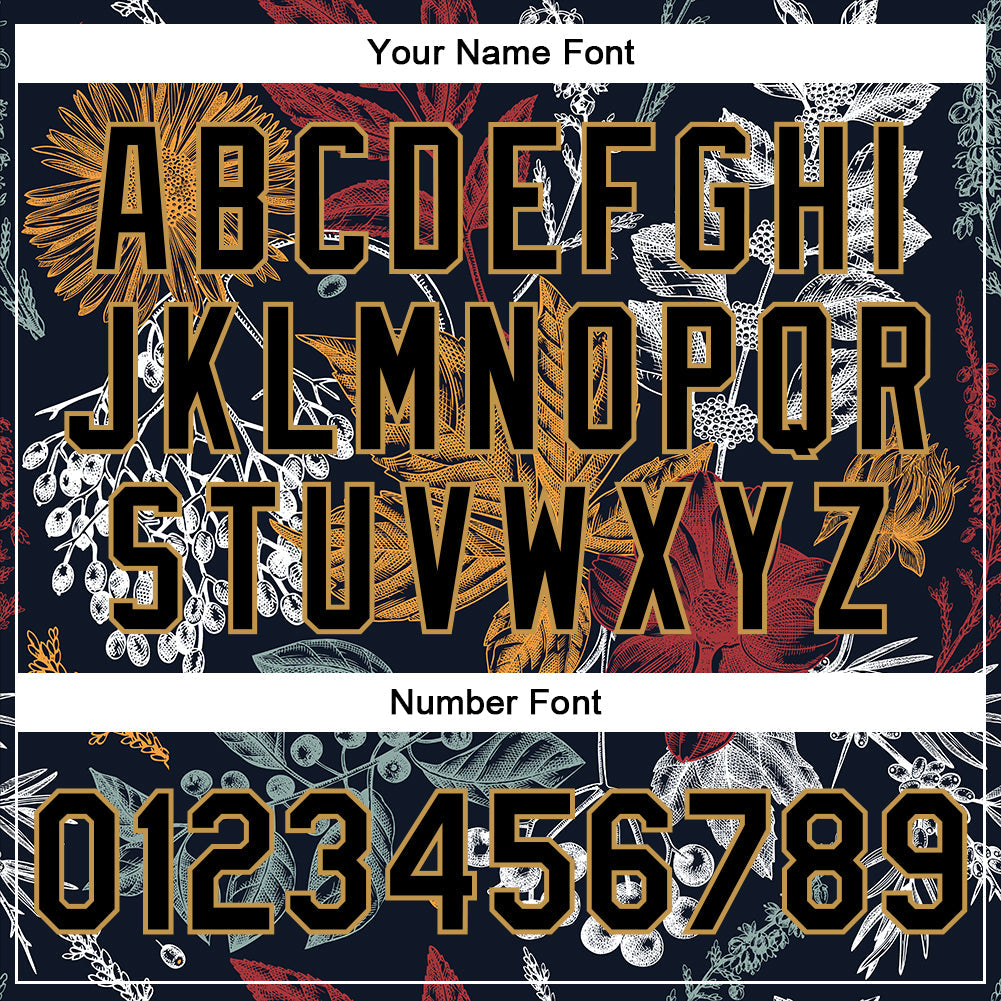 Custom Black Old Gold Flowers And Branches 3D Pattern Design Bomber Full-Snap Varsity Letterman Jacket view 7