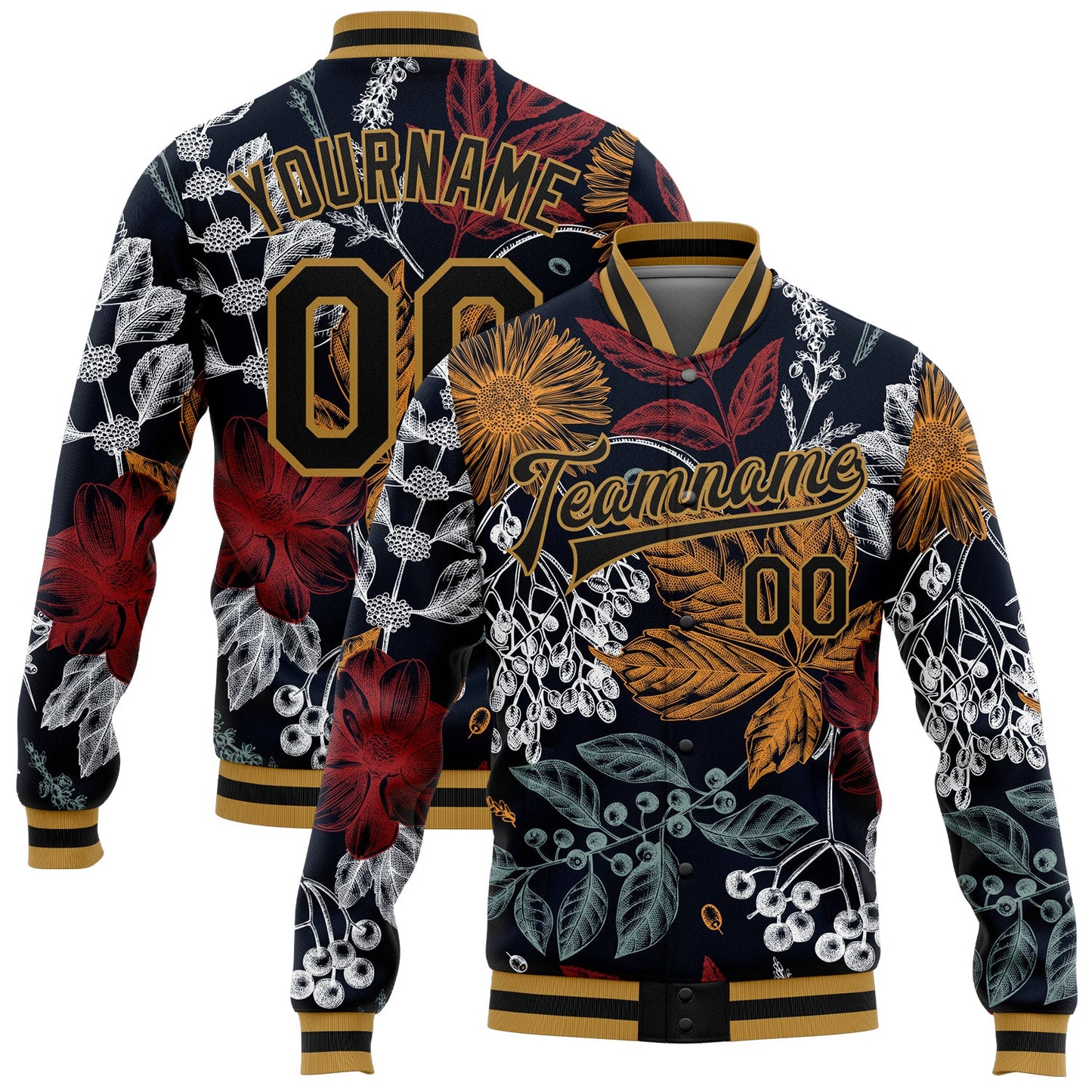 Custom Black Old Gold Flowers And Branches 3D Pattern Design Bomber Full-Snap Varsity Letterman Jacket - Main View