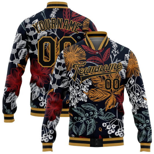 Custom Black Old Gold Flowers And Branches 3D Pattern Design Bomber Full-Snap Varsity Letterman Jacket - Main View