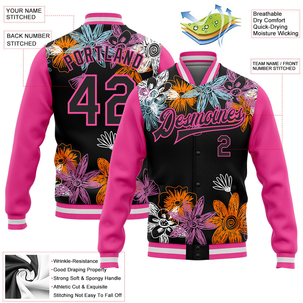 Custom Black Pink Flowers 3D Pattern Design Bomber Full-Snap Varsity Letterman Jacket view 5