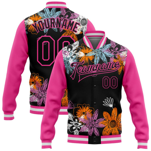 Custom Black Pink Flowers 3D Pattern Design Bomber Full-Snap Varsity Letterman Jacket - Main View