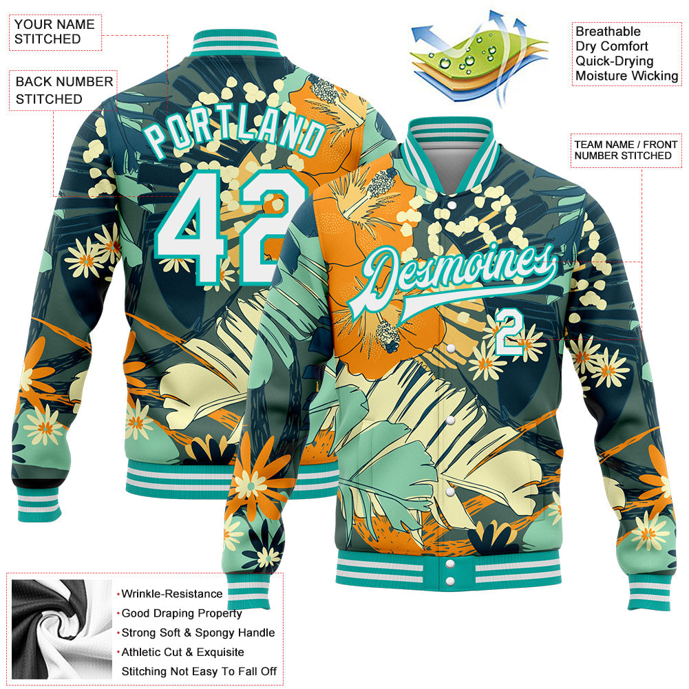 Custom Navy White-Aqua Flowers 3D Pattern Design Bomber Full-Snap Varsity Letterman Jacket view 5