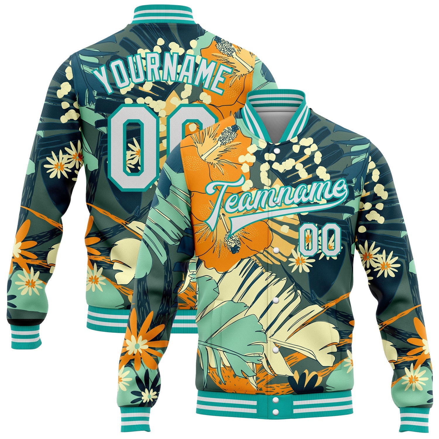 Custom Navy White-Aqua Flowers 3D Pattern Design Bomber Full-Snap Varsity Letterman Jacket - Main View