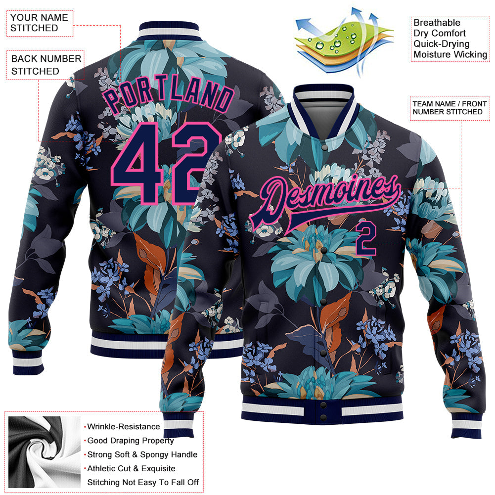 Custom Navy Pink Flowers 3D Pattern Design Bomber Full-Snap Varsity Letterman Jacket view 5