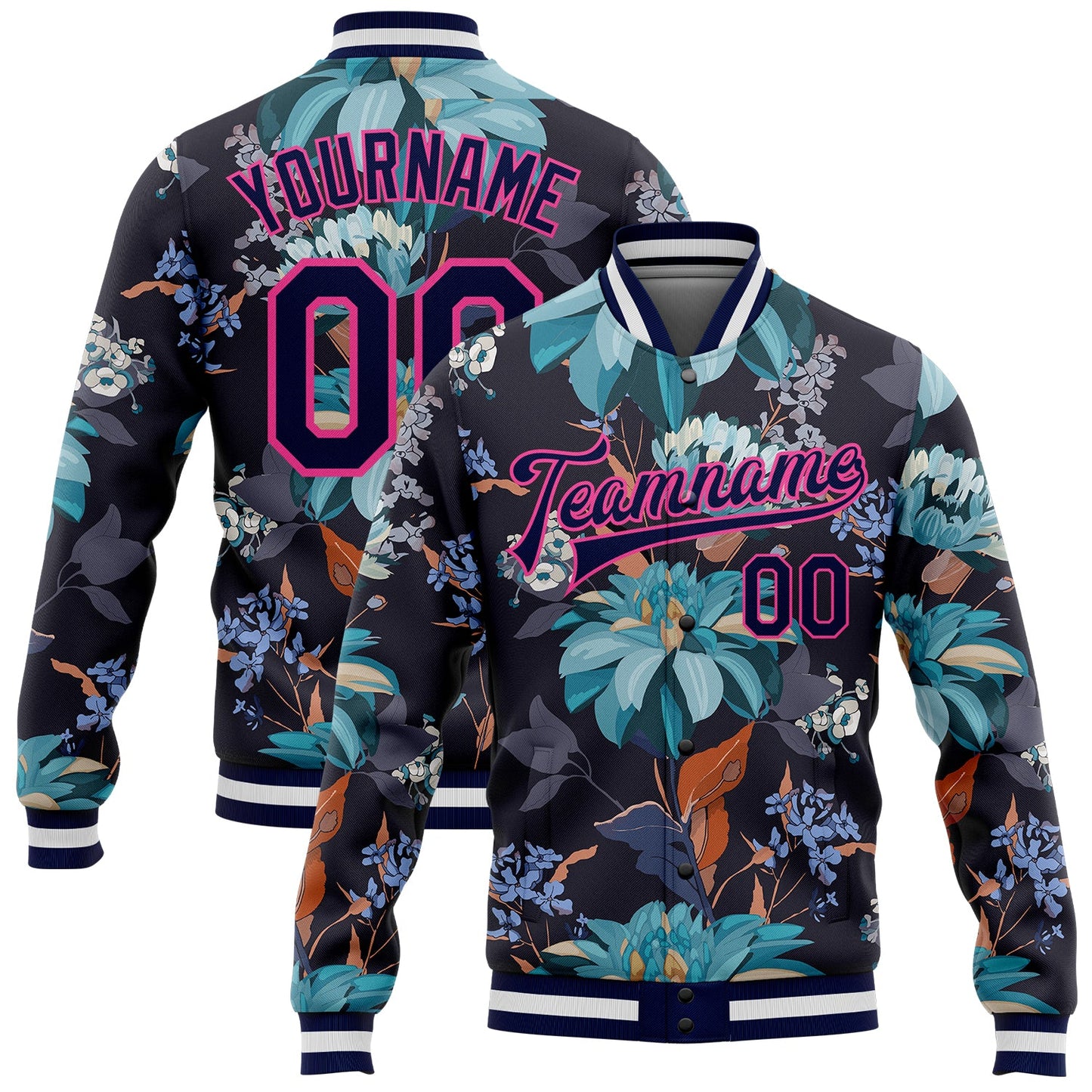 Custom Navy Pink Flowers 3D Pattern Design Bomber Full-Snap Varsity Letterman Jacket - Main View