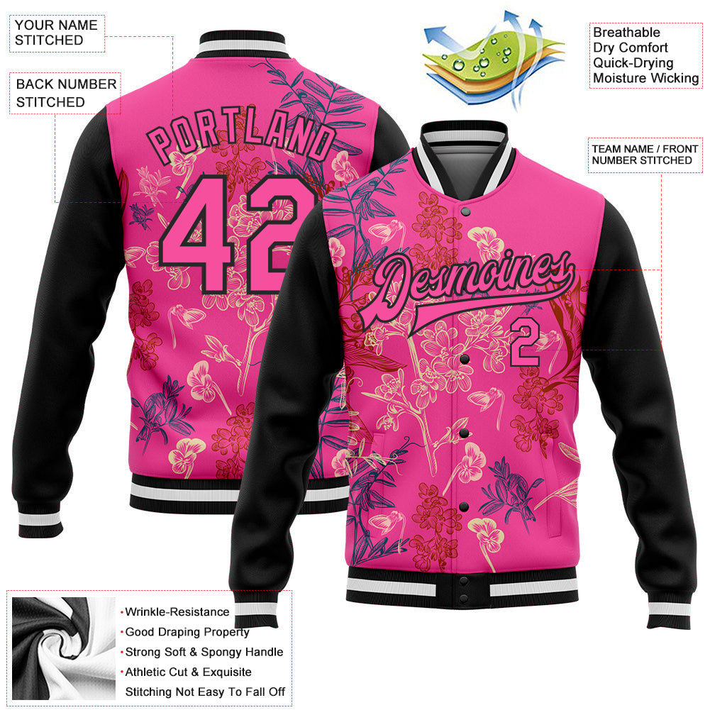 Custom Pink Black Flowers 3D Pattern Design Bomber Full-Snap Varsity Letterman Jacket view 5