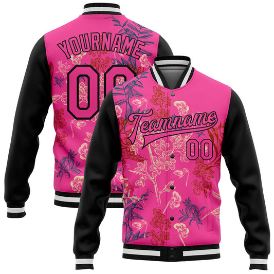 Custom Pink Black Flowers 3D Pattern Design Bomber Full-Snap Varsity Letterman Jacket - Main View