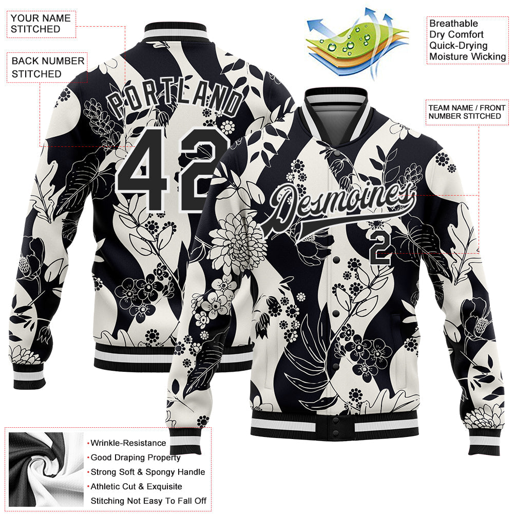 Custom Black White Floral Wave 3D Pattern Design Bomber Full-Snap Varsity Letterman Jacket view 5