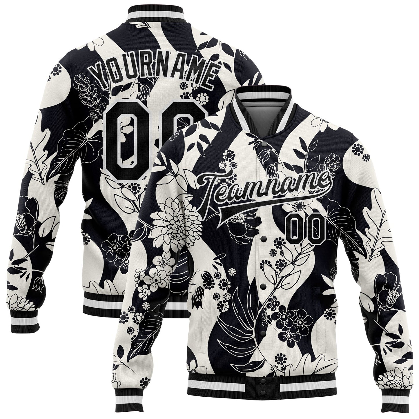 Custom Black White Floral Wave 3D Pattern Design Bomber Full-Snap Varsity Letterman Jacket - Main View