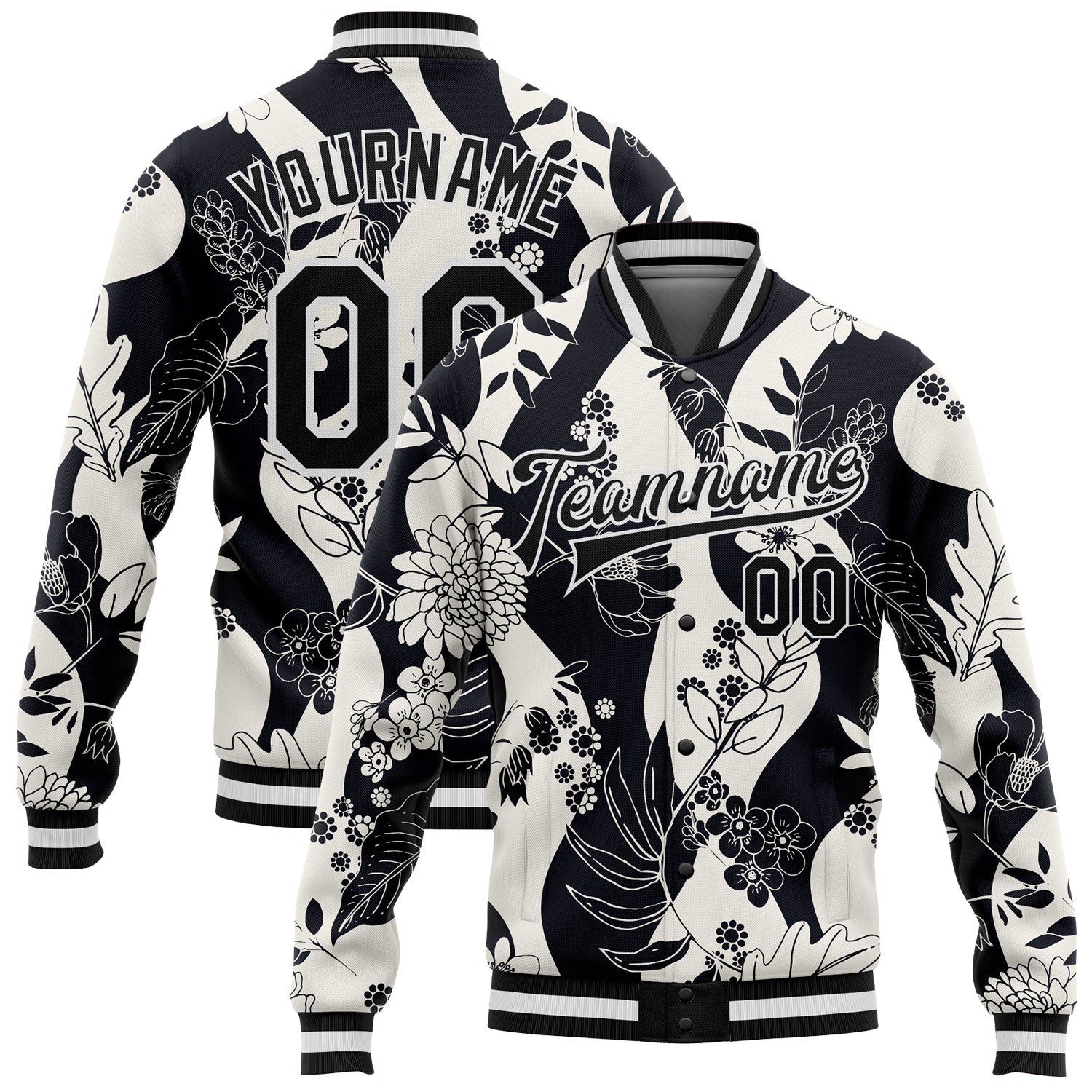 Custom Black White Floral Wave 3D Pattern Design Bomber Full-Snap Varsity Letterman Jacket - Main View